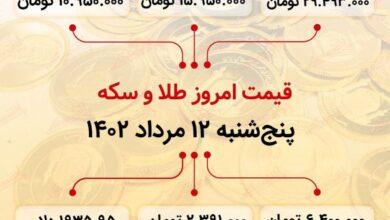 سکه به ۲۹میلیون ۴۹۳هزار تومان رسید (دوازدهم مرداد ماه ۱۴۰۲)