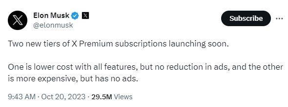 ایلان ماسک به زودی اشتراک های پریمیوم را راه اندازی میکند