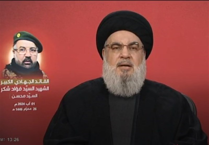 آغاز سخنرانی سید حسن نصرالله در مراسم تشییع شهید «فواد شکر»