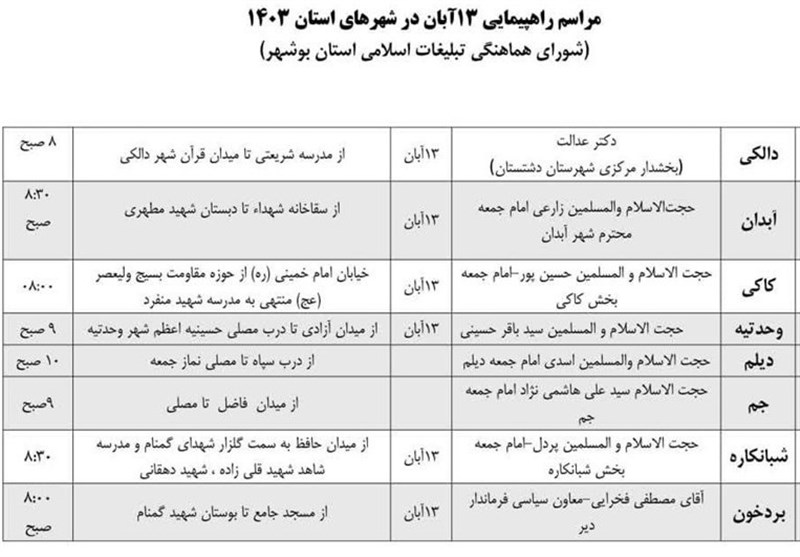 اعلام مسیر راهپیمایی در شهرهای استان بوشهر + جدول