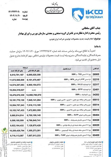 لیست قیمتهای جدید ایران خودرو در بهمن 1404