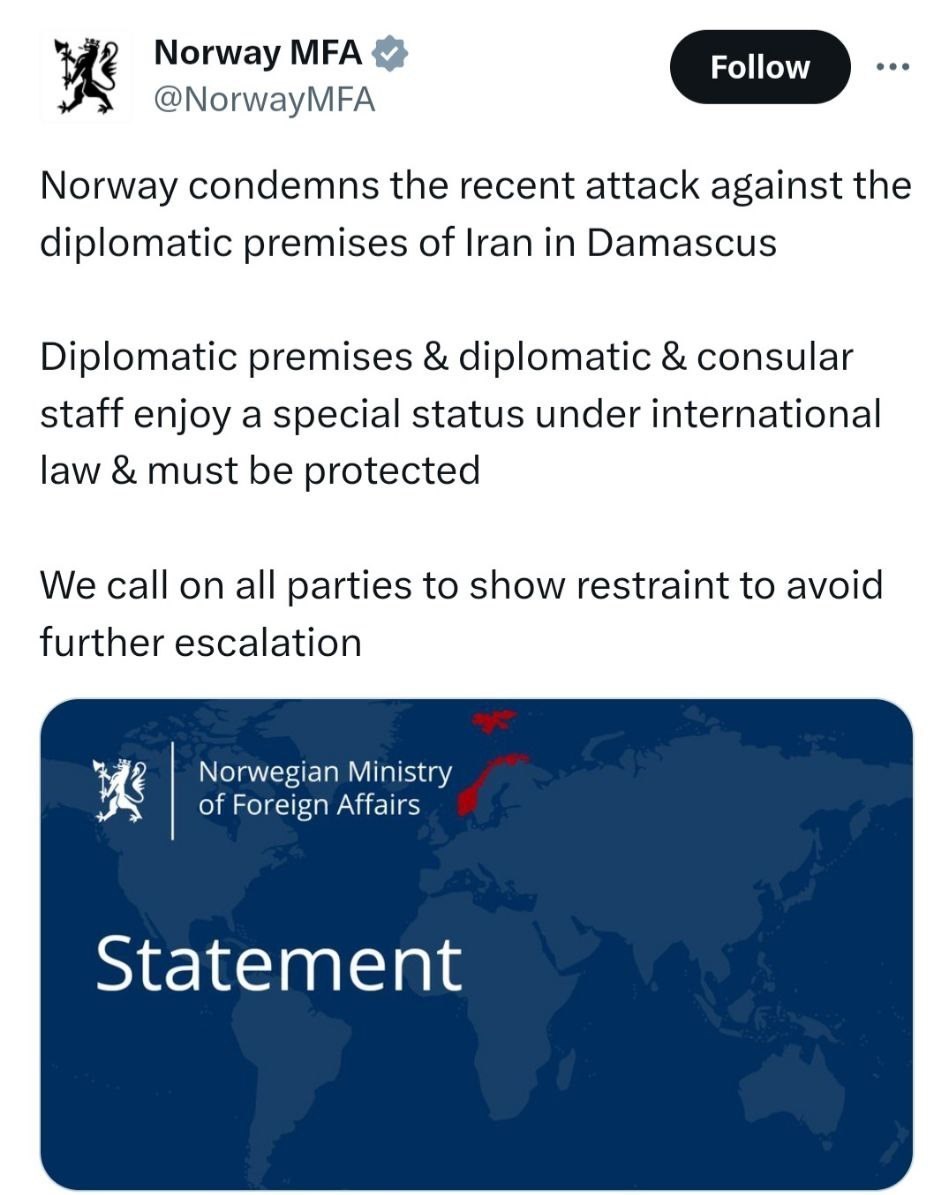 کشور نروژ , سفارتخانه های جمهوری اسلامی ایران , دمشق , رژیم صهیونیستی (اسرائیل) ,