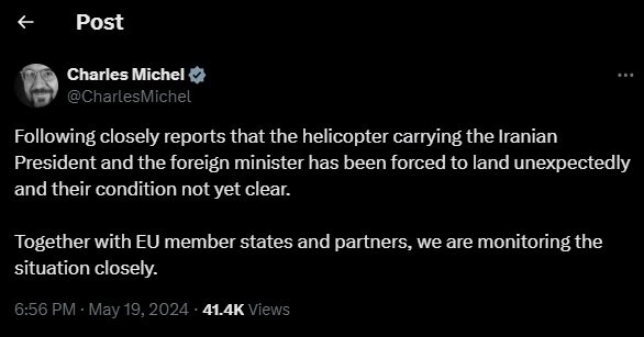 بروکسل: وضعیت فرود اضطراری بالگرد رییسجمهور ایران را رصد میکنیم