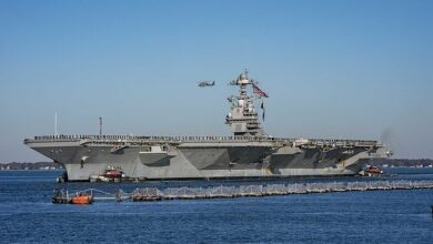 US Gerald R. Ford Carrier Temporarily Docked in Greece Following Fire Incident /USS Gerald R. Ford , Aircraft Carrier , Fire Incident , US Navy , Greece