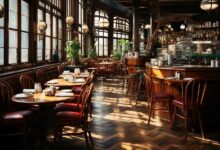 Historic Restaurant Interior Captures Timeless Ambiance /restaurant interior , vintage ambiance , classic decor , wooden bar , natural light