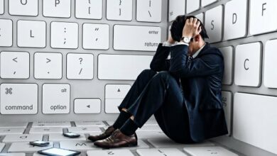 Business Executive Overwhelmed Amidst Digital Landscape /digital overload , business stress , technology impact , mental health , economic pressure