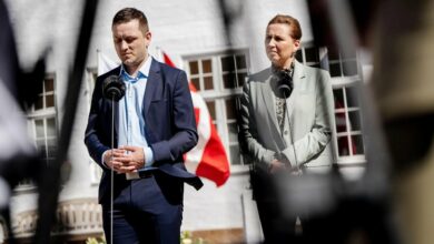 Danish Prime Minister Mette Frederiksen Addresses Press with Assistant /Denmark , Mette Frederiksen , Prime Minister , press conference , politics