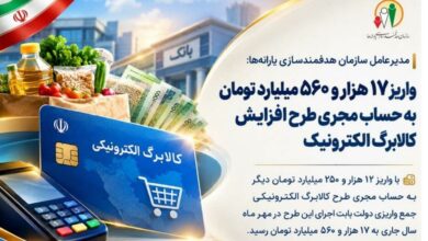 واریز ۱۷ هزار و ۵۶۰ میلیارد تومان برای طرح کالابرگ الکترونیکی؛ افزایش ۵۰۰ هزار تومانی برای هر نفر