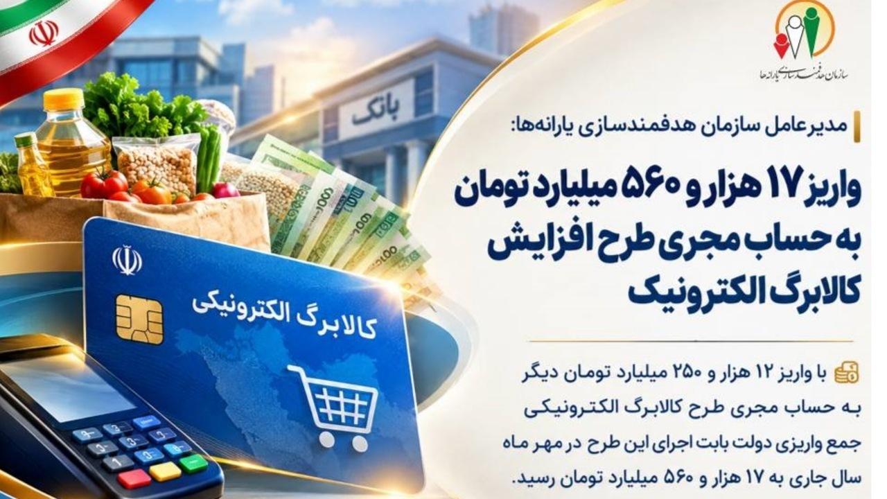 واریز ۱۷ هزار و ۵۶۰ میلیارد تومان برای طرح کالابرگ الکترونیکی؛ افزایش ۵۰۰ هزار تومانی برای هر نفر